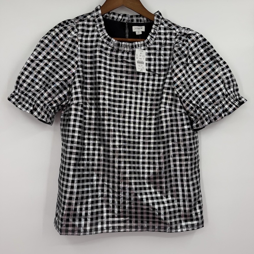 J.CREW Blouse Womens Small Black Puff Sleeve Shiney Gingham Woven Metallic